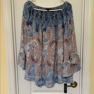 Zac & Rachel Blue and Brown Asymmetrical 3/4 Sleeve Blouse